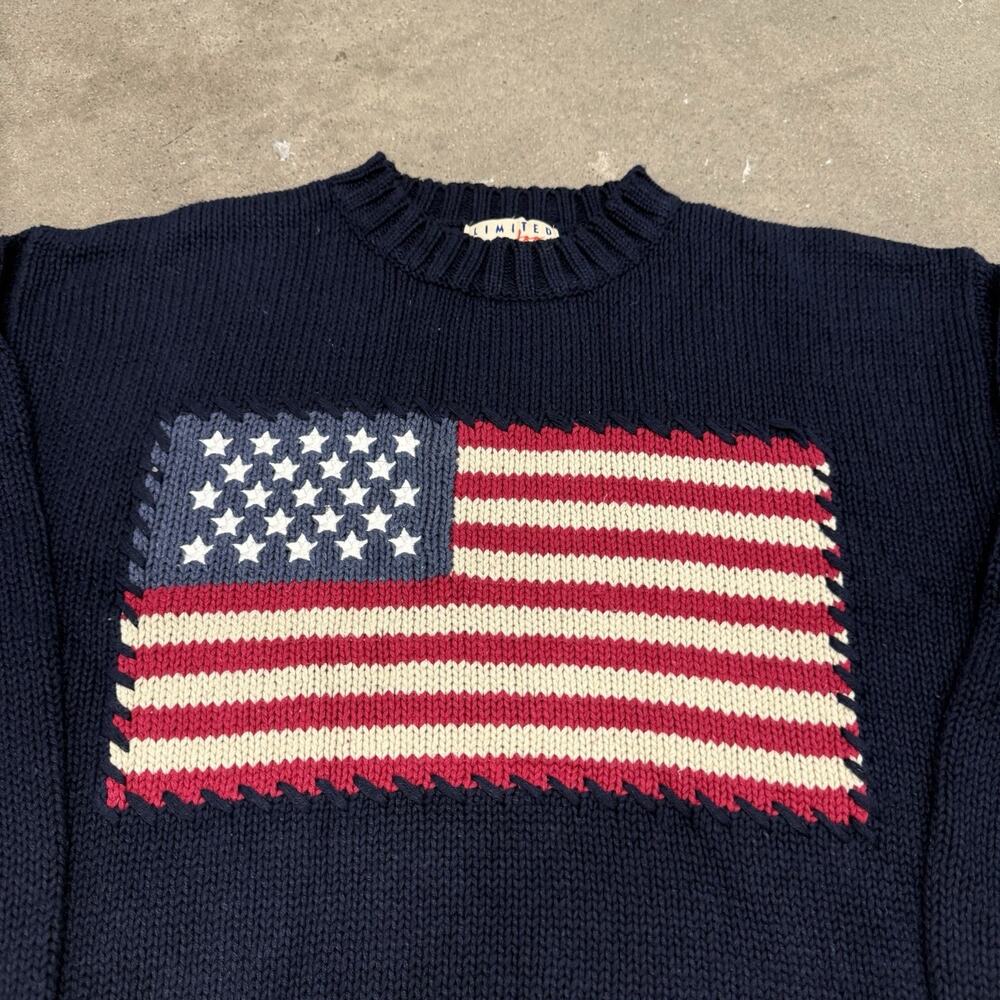 Vintage 90s American Flag Knit Cotton Raime Pullover Navy Sweater Womens Large - Picture 2 of 6